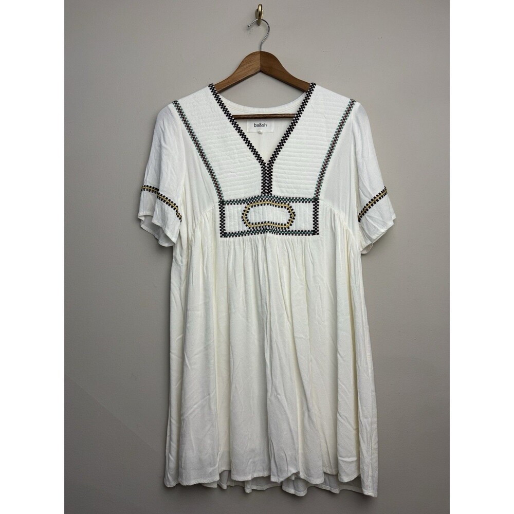 Ba&sh Talia White Dress Embroidered Size 1 Small Crepe Short Sleeve Babydoll
